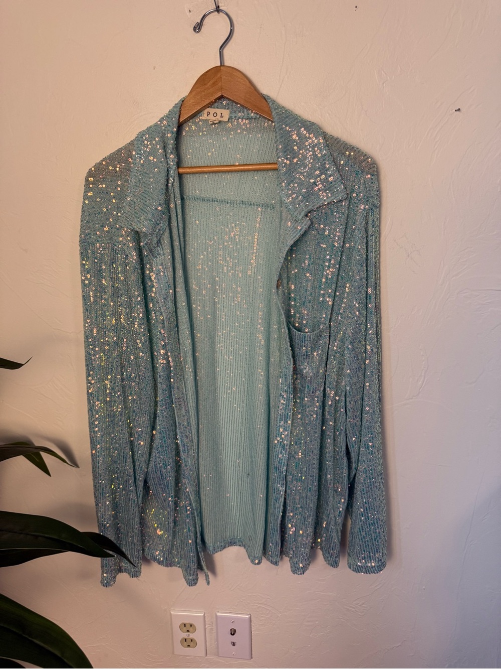 POL Light Blue Sequin Knit Button Up – Size Large